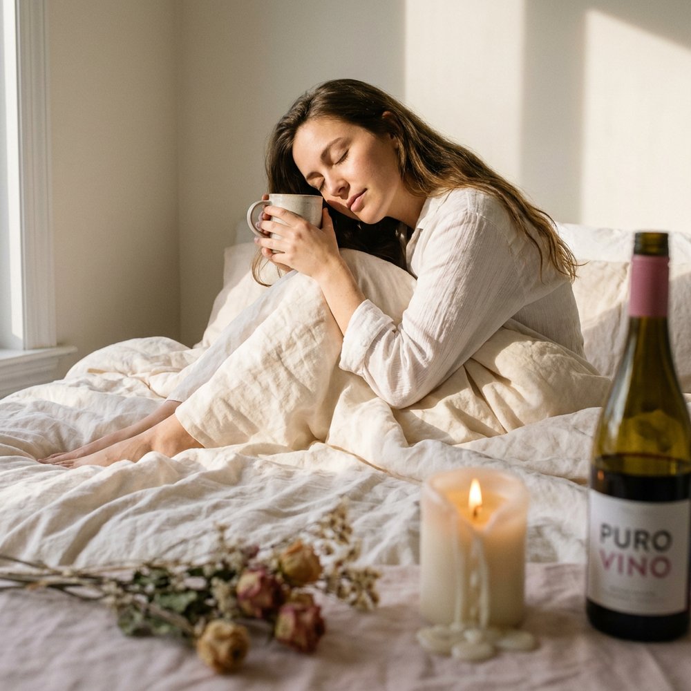 Mujer sentada en la cama sosteniendo una taza de cerámica, con una vela encendida y una botella Puro Vino de fondo, luz cálida de mañana