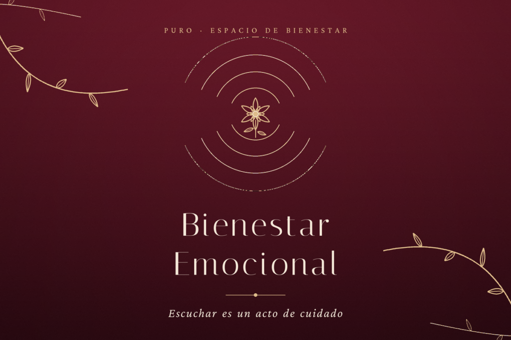 Ilustración de una flor dorada con anillos de resonancia sobre fondo vino profundo, representando el acto de ser escuchada, con el texto Bienestar Emocional